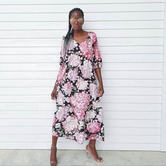 Hm Floral Print Puff Sleeve Hydrangea 